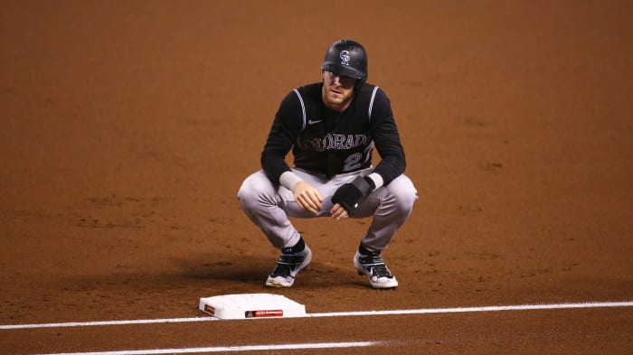 Rockies shortstop Trevor Story reacts after getting picked off at first base against the Diamondbacks at Chase Field.